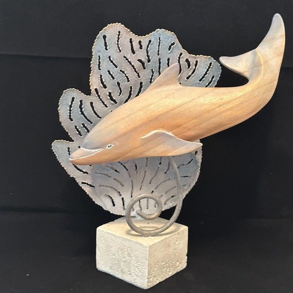 Coastal Décor "Wooden Dolphin w/Metal accents on Stone base" Mixed Media - Picture 1 of 11